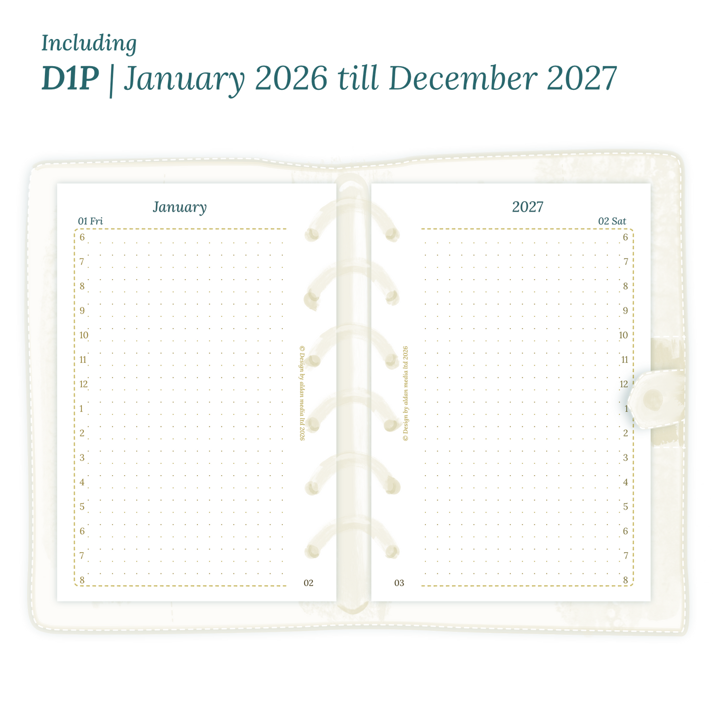 Open planner showing details of the printable PDF planner inserts module D1P day on 1 page for January 2026 till December 2027 for Pocket 6 ring binder planner.