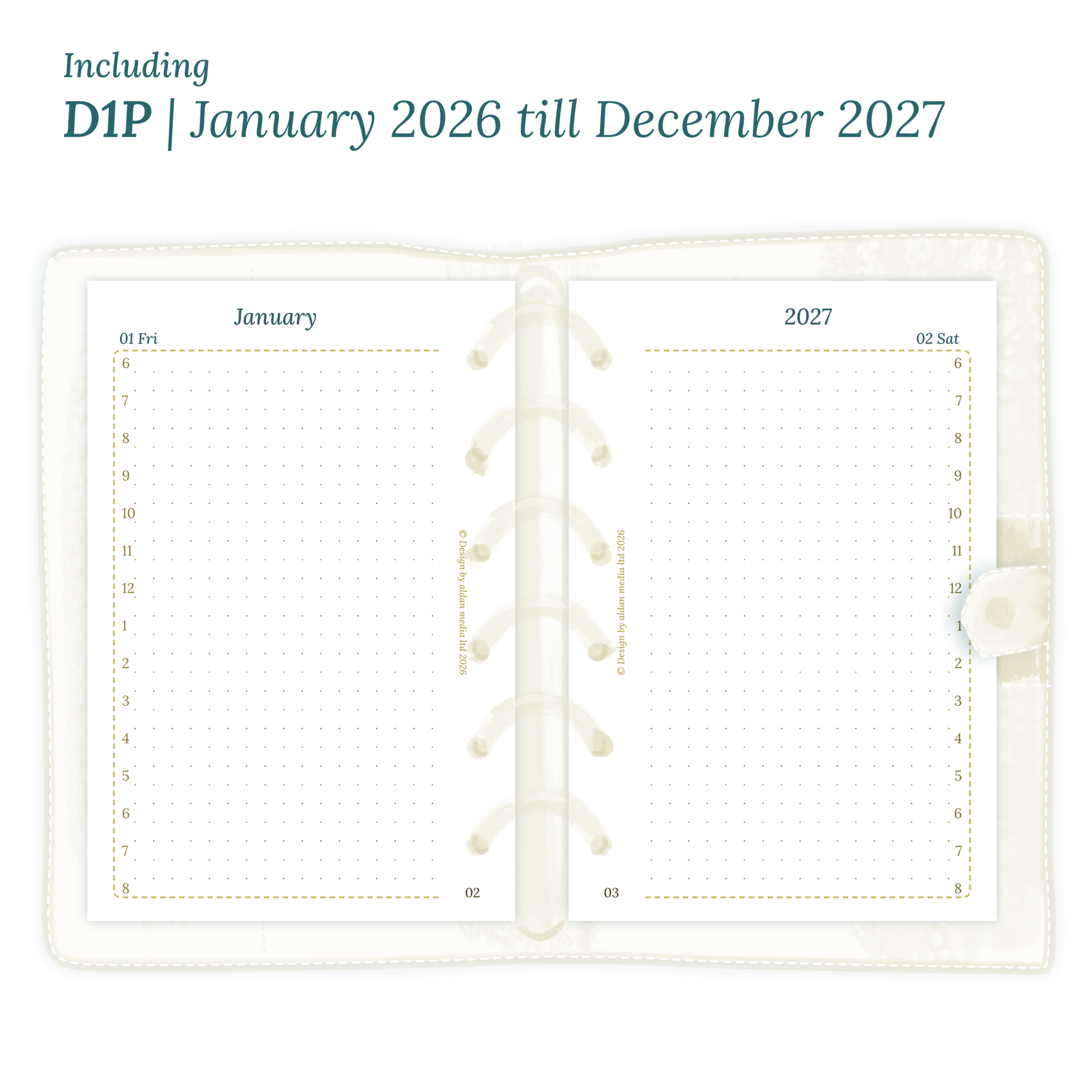 Open planner showing details of the printable PDF planner inserts module D1P day on 1 page for January 2026 till December 2027 for Pocket 6 ring binder planner.