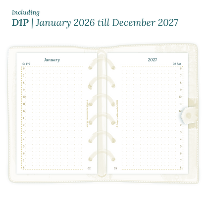 Open planner showing details of the printable PDF planner inserts module D1P day on 1 page for January 2026 till December 2027 for Pocket 6 ring binder planner.