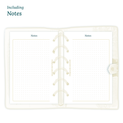 Open planner showing details of the printable PDF planner inserts module Notes for 2027 inside this product D1P day on 1 page for Pocket 6 ring binder planner.
