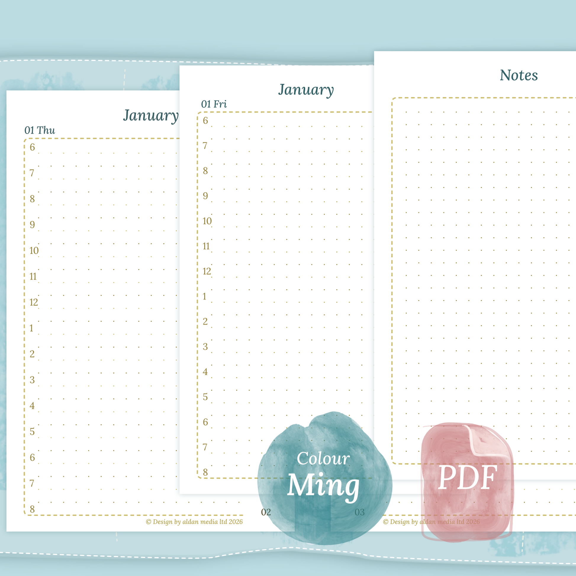 Examples featuring the PDF printable planner inserts module of D1P day on 1 page for 2026 and 2027 in the colour Ming/Blue for Pocket size 6 ring binder planner.