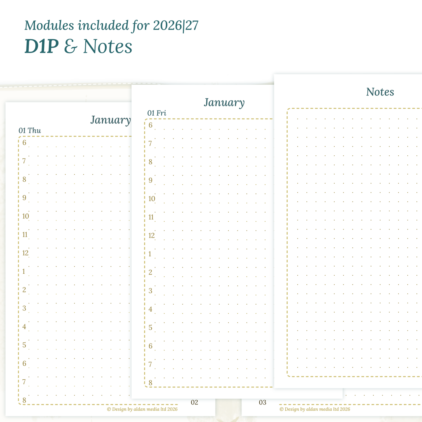 Printable PDF calendar inserts module for the years 2026 and 2027 featuring D1P day on 1 page and a Notes.