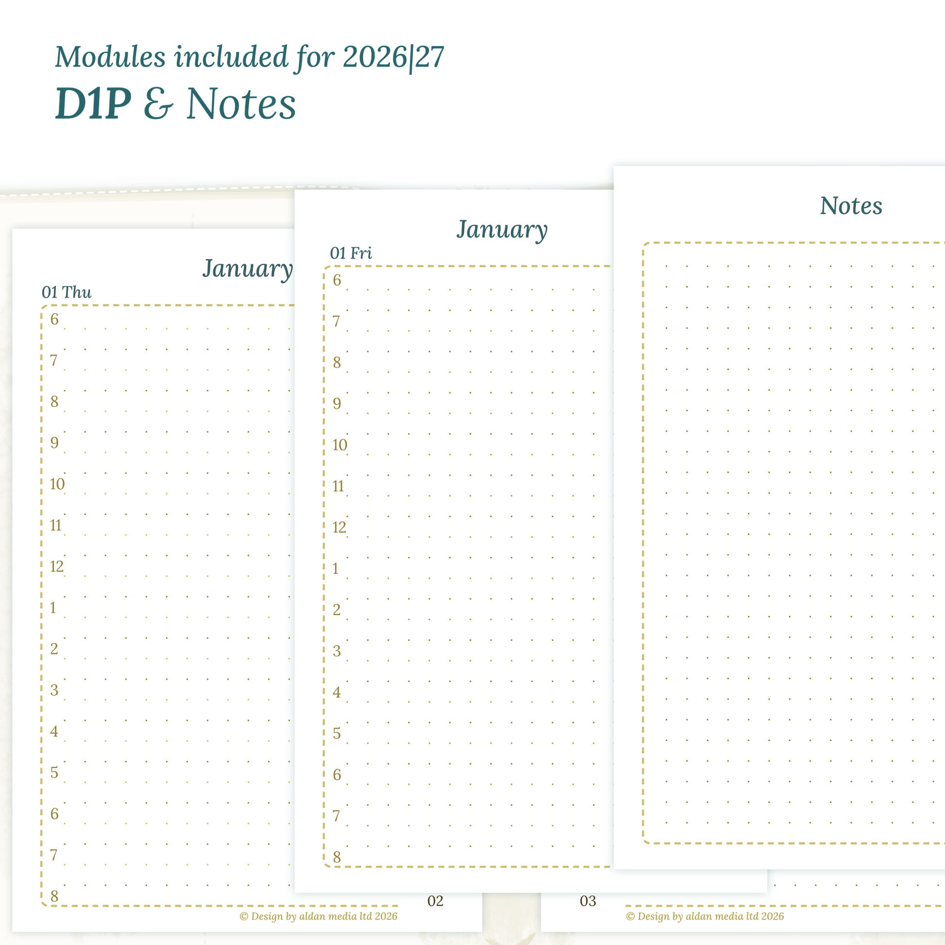 Printable PDF calendar inserts module for the years 2026 and 2027 featuring D1P day on 1 page and a Notes.