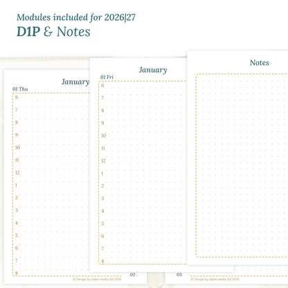 Printable PDF calendar inserts module for the years 2026 and 2027 featuring D1P day on 1 page and a Notes.