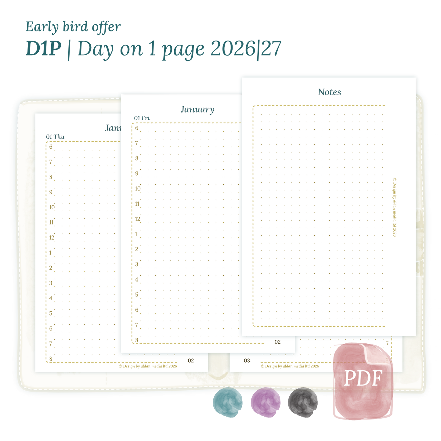 Printable PDF calendar insert D1P day on 1 page module for 2026 and 2027 for Pocket size 6 ring binder planner.