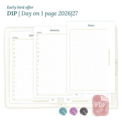 Printable PDF calendar insert D1P day on 1 page module for 2026 and 2027 for Pocket size 6 ring binder planner.
