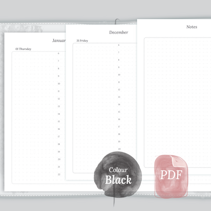 Examples featuring the PDF printable planner inserts module of D1P day on 1 page for 2026 and 2027 in the colour Black & White.
