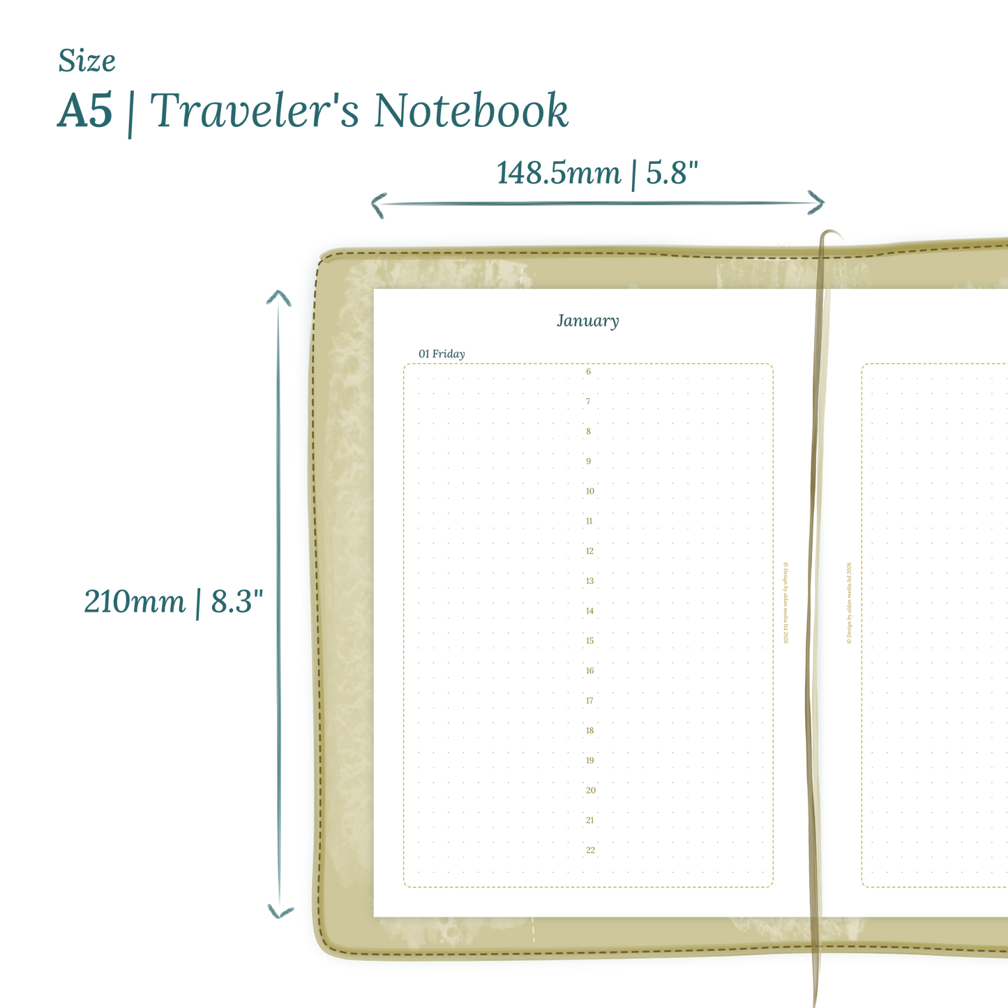 Printable PDF calendar planner insert with dimensions labeled on a white background to show the size supported which is A5 for Traveler's Notebook.