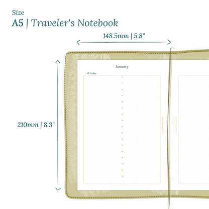 Printable PDF calendar planner insert with dimensions labeled on a white background to show the size supported which is A5 for Traveler's Notebook.