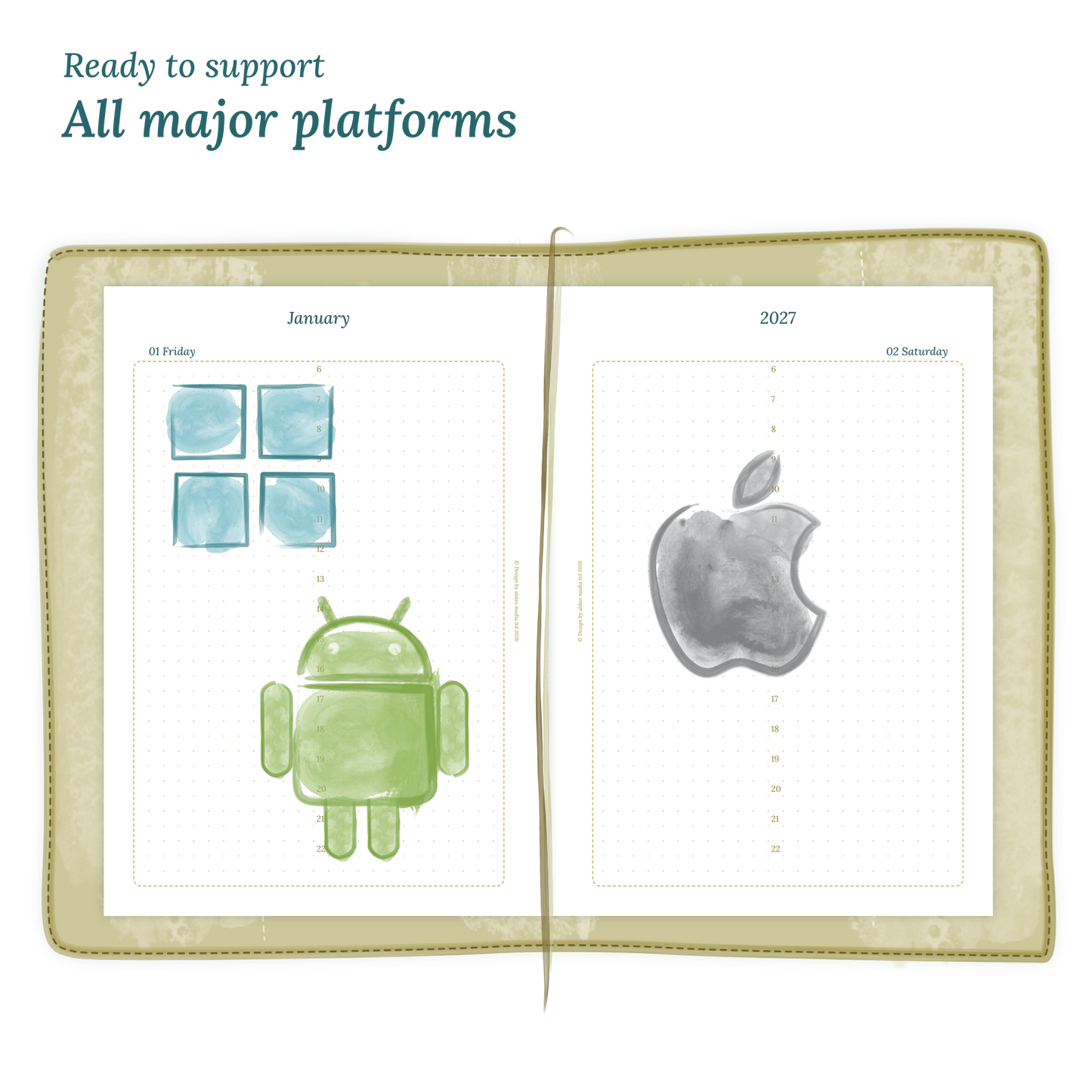 Open planner printable PDF calendar insert with Windows, Android and Apple logos on a white background to show what operating systems are supported by our printables.