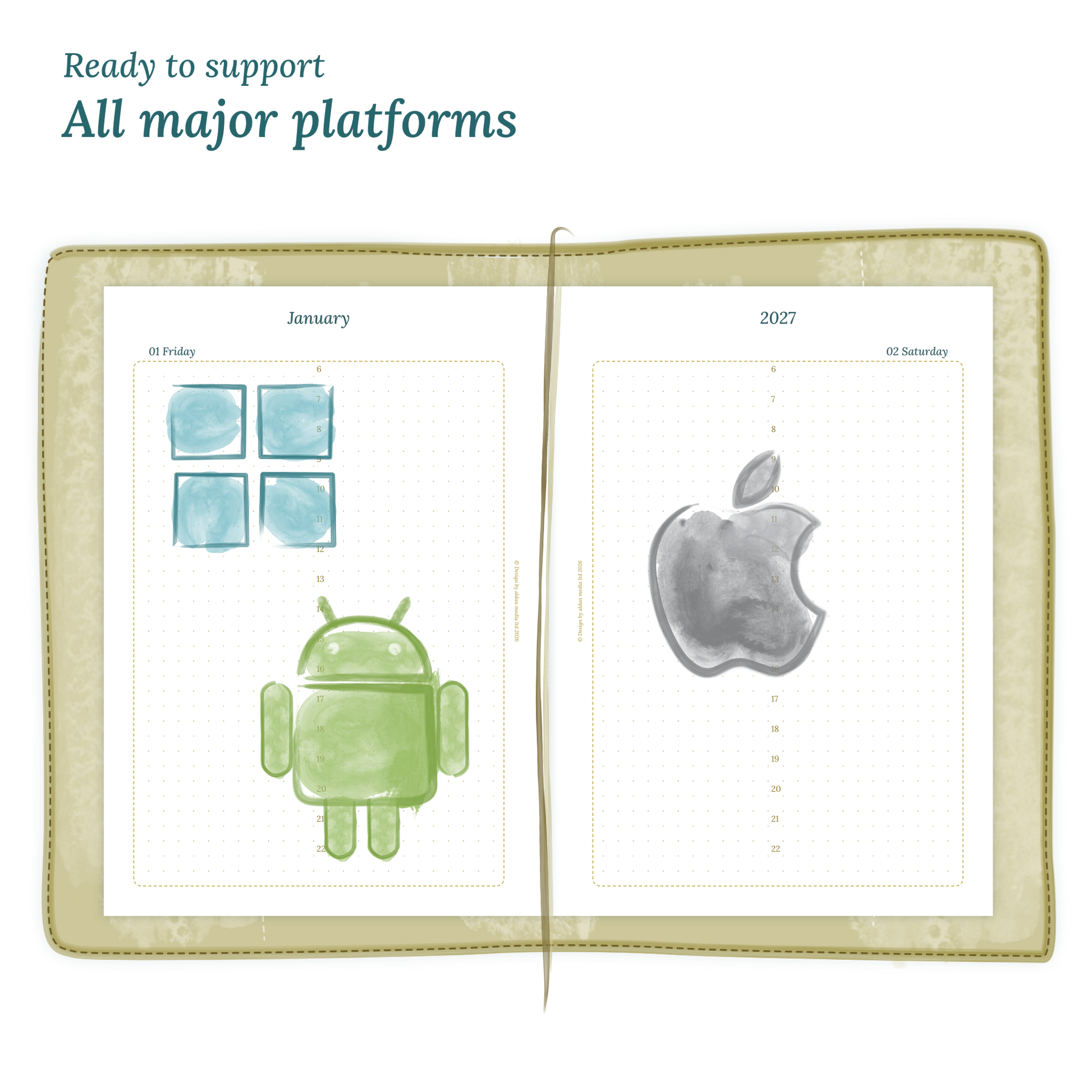 Open planner printable PDF calendar insert with Windows, Android and Apple logos on a white background to show what operating systems are supported by our printables.