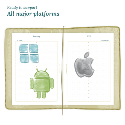 Open planner printable PDF calendar insert with Windows, Android and Apple logos on a white background to show what operating systems are supported by our printables.