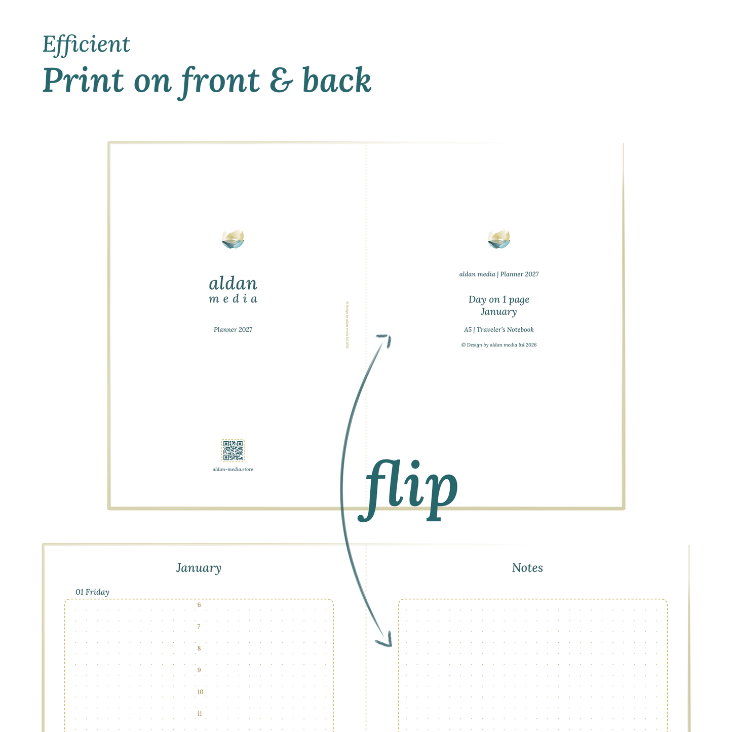 Printable PDF calendar design with a title and text indicating efficient printing on front and back of the A4 page.