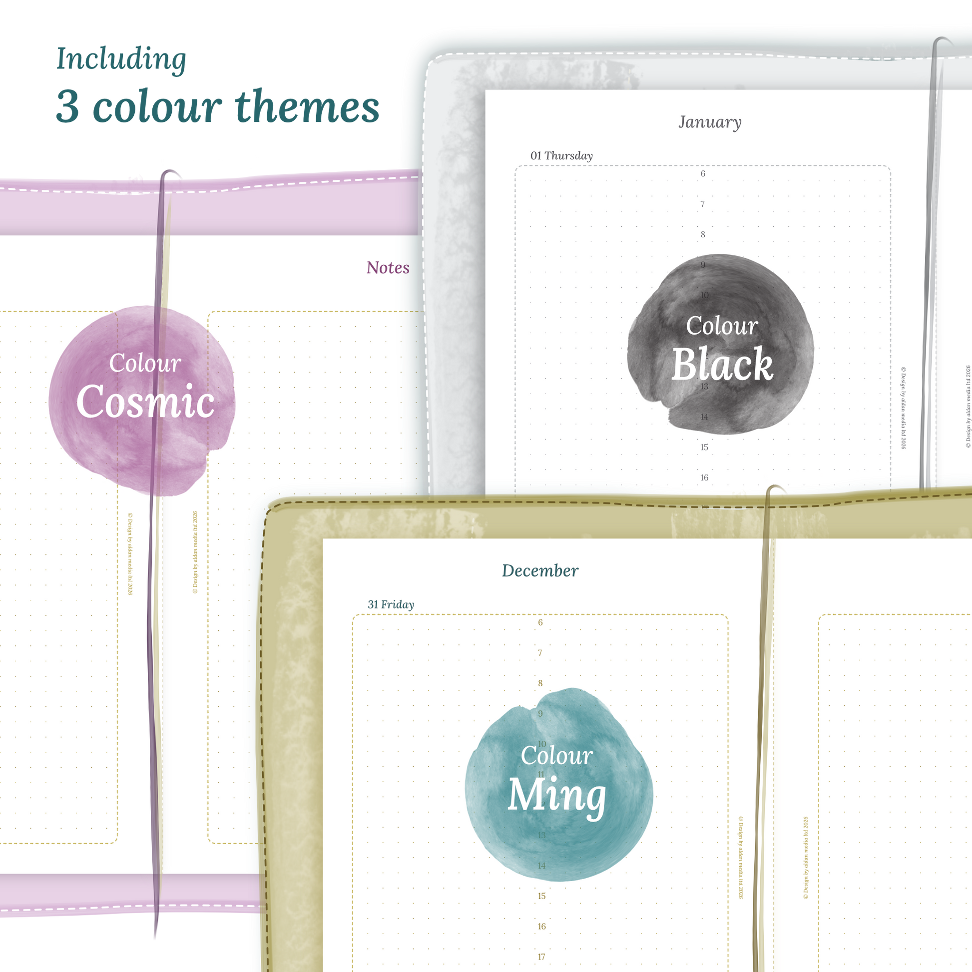 Three colour variants of the calendar designs of the PDF printable inserts with colour themes 'Cosmic', 'Black', and 'Ming' displayed to show how they look like on this module D1P day on 1 page.