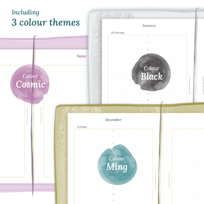 Three colour variants of the calendar designs of the PDF printable inserts with colour themes 'Cosmic', 'Black', and 'Ming' displayed to show how they look like on this module D1P day on 1 page.