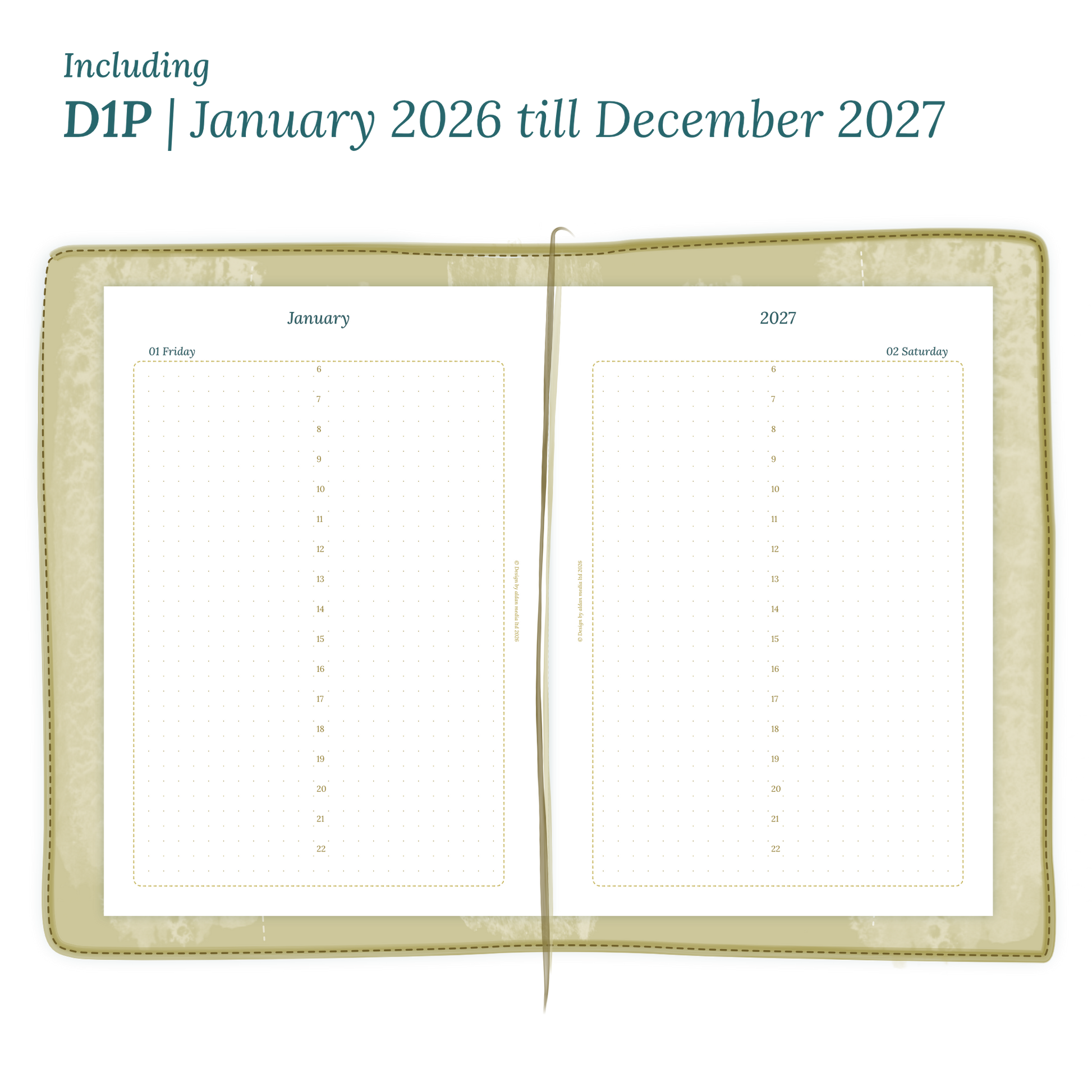Open planner showing details of the printable PDF planner inserts module D1P day on 1 page for January 2026 till December 2027.