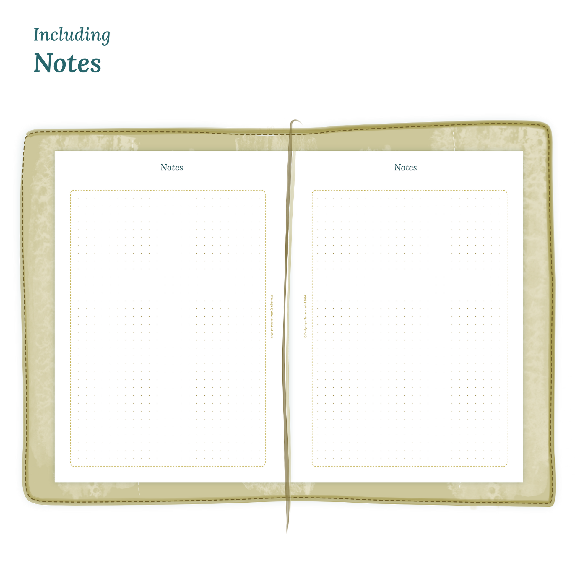 Open planner showing details of the printable PDF planner inserts module Notes for 2027 inside this product D1P day on 1 page.