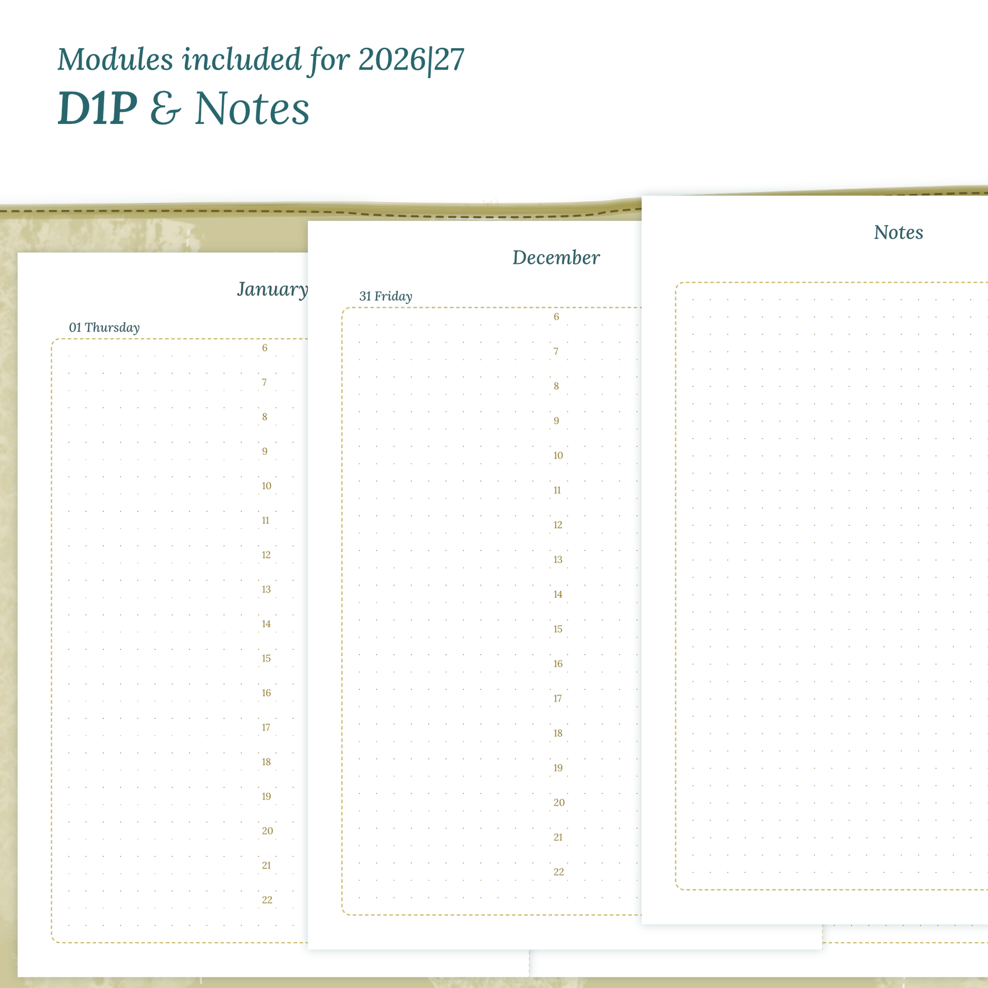 Printable PDF calendar inserts modules for the years 2026 and 2027 featuring D1P day on 1 page and a Notes.