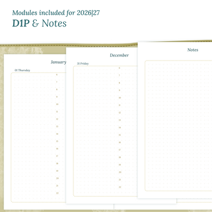 Printable PDF calendar inserts modules for the years 2026 and 2027 featuring D1P day on 1 page and a Notes.
