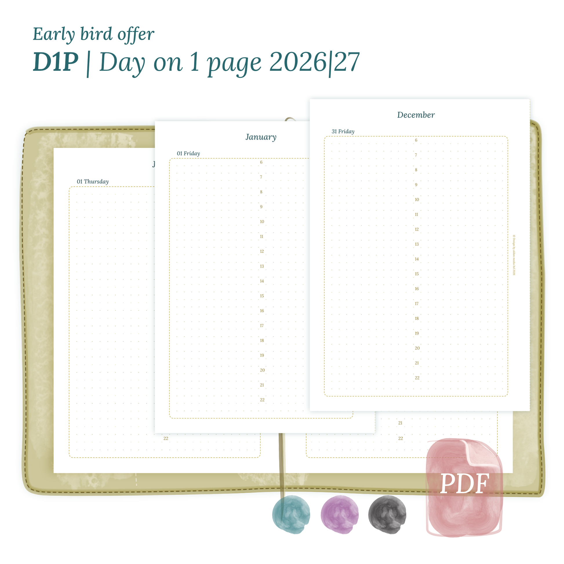 Printable PDF calendar insert D1P day on 1 page module for 2026 and 2027 for A5 size Traveler's Notebook planner.