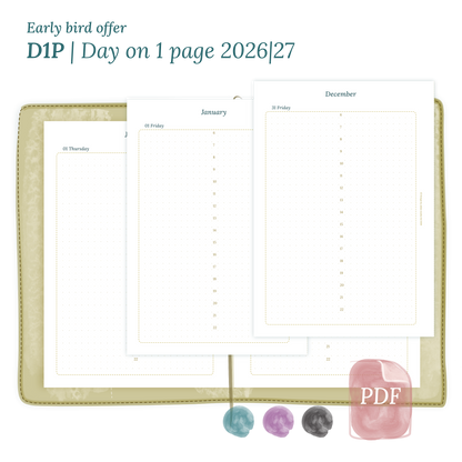 Printable PDF calendar insert D1P day on 1 page module for 2026 and 2027 for A5 size Traveler's Notebook planner.