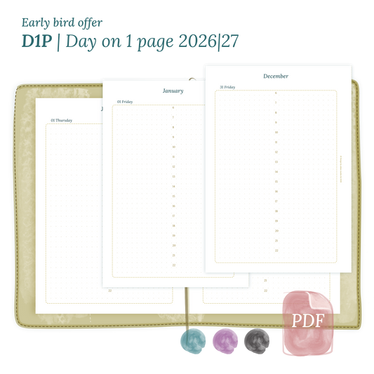 Printable PDF calendar insert D1P day on 1 page module for 2026 and 2027 for A5 size Traveler's Notebook planner.