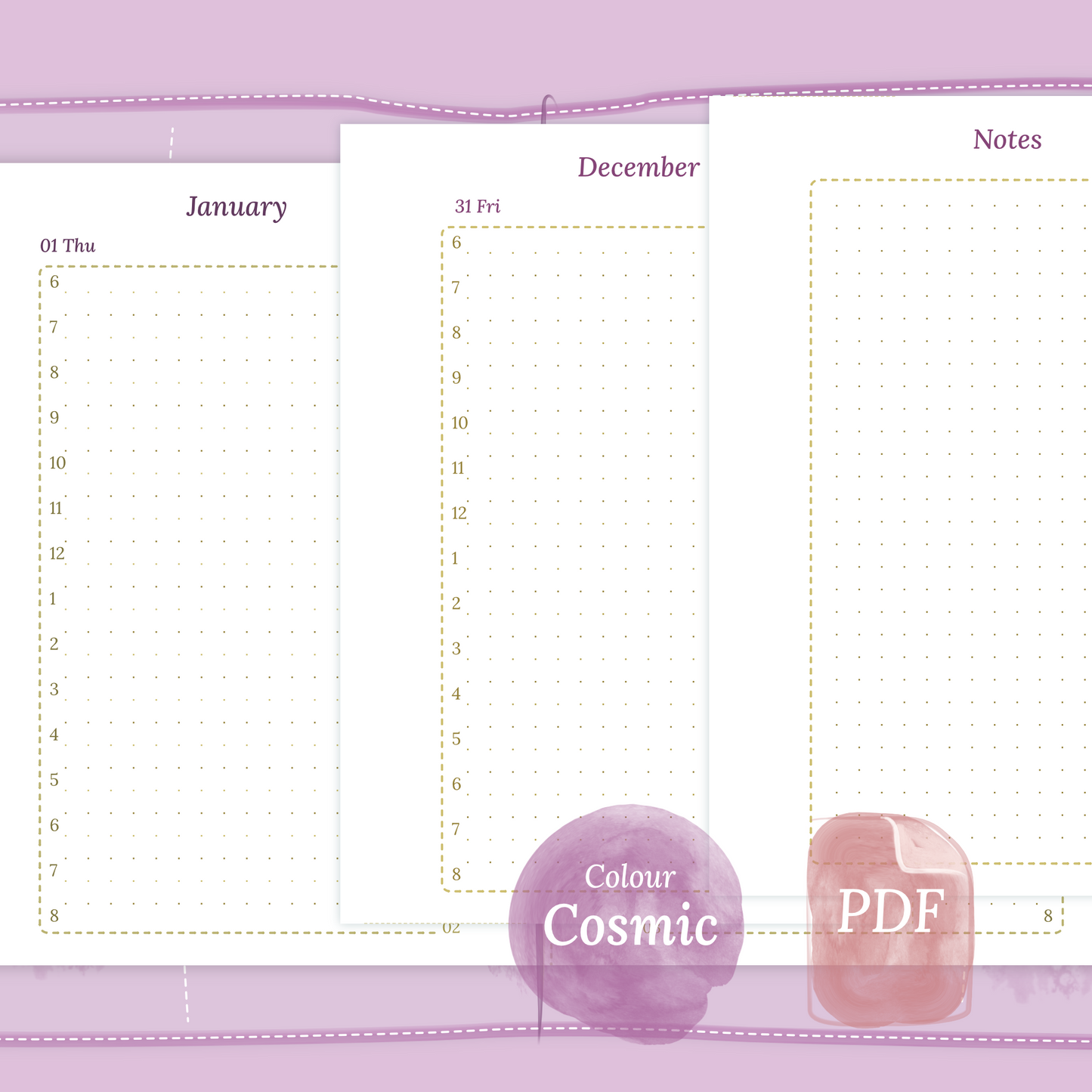 Examples featuring the PDF printable planner inserts module of D1P day on 1 page for 2026 and 2027 in the colour Cosmic/Raspberry for Passport size Traveler's Notebook planner.
