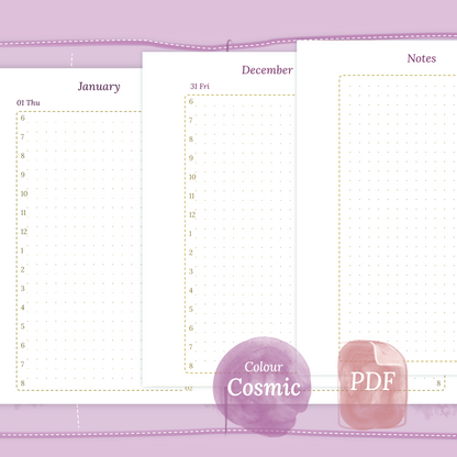 Examples featuring the PDF printable planner inserts module of D1P day on 1 page for 2026 and 2027 in the colour Cosmic/Raspberry for Passport size Traveler's Notebook planner.