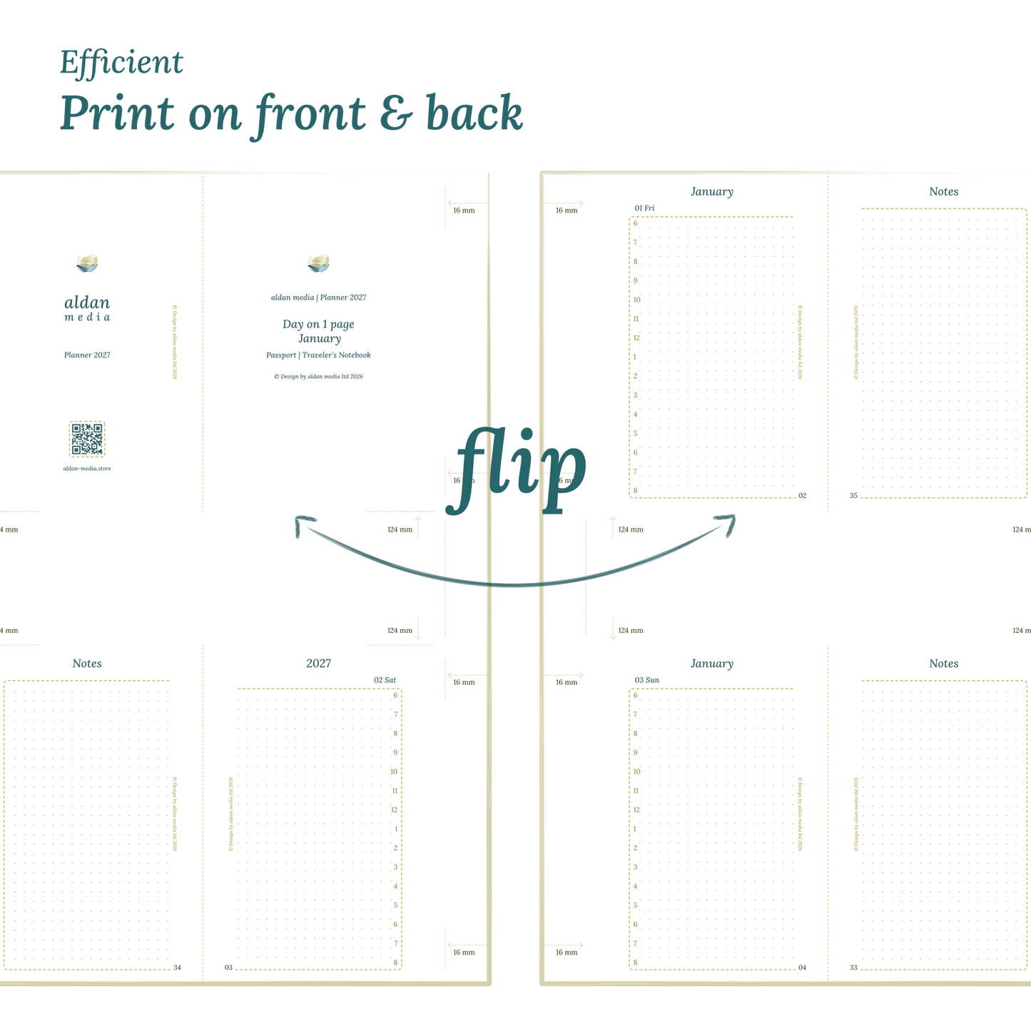 Printable PDF calendar design with a title and text indicating efficient printing on front and back of the A4 page to create a Passport size Traveler's Notebook planner.