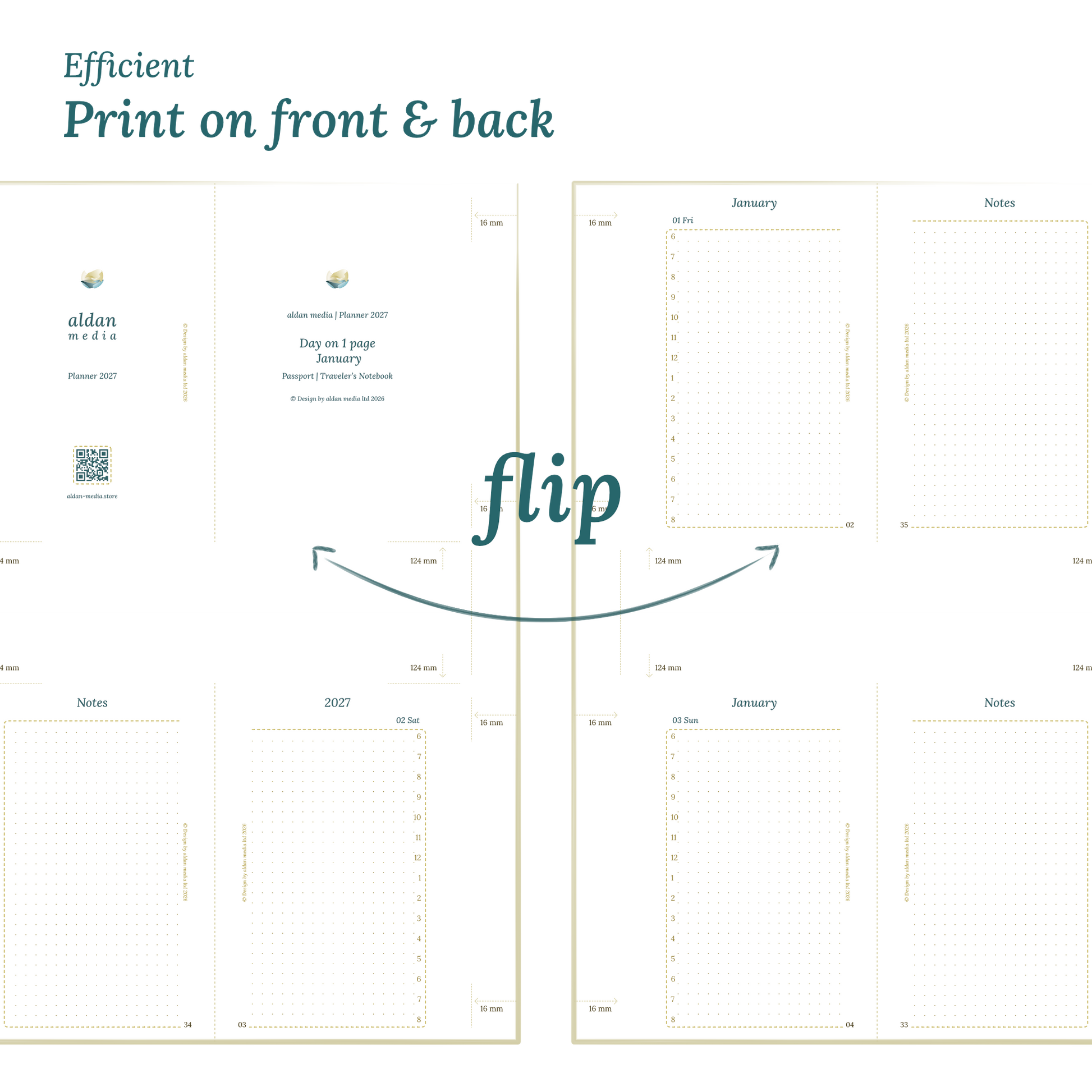 Printable PDF calendar design with a title and text indicating efficient printing on front and back of the A4 page to create a Passport size Traveler's Notebook planner.