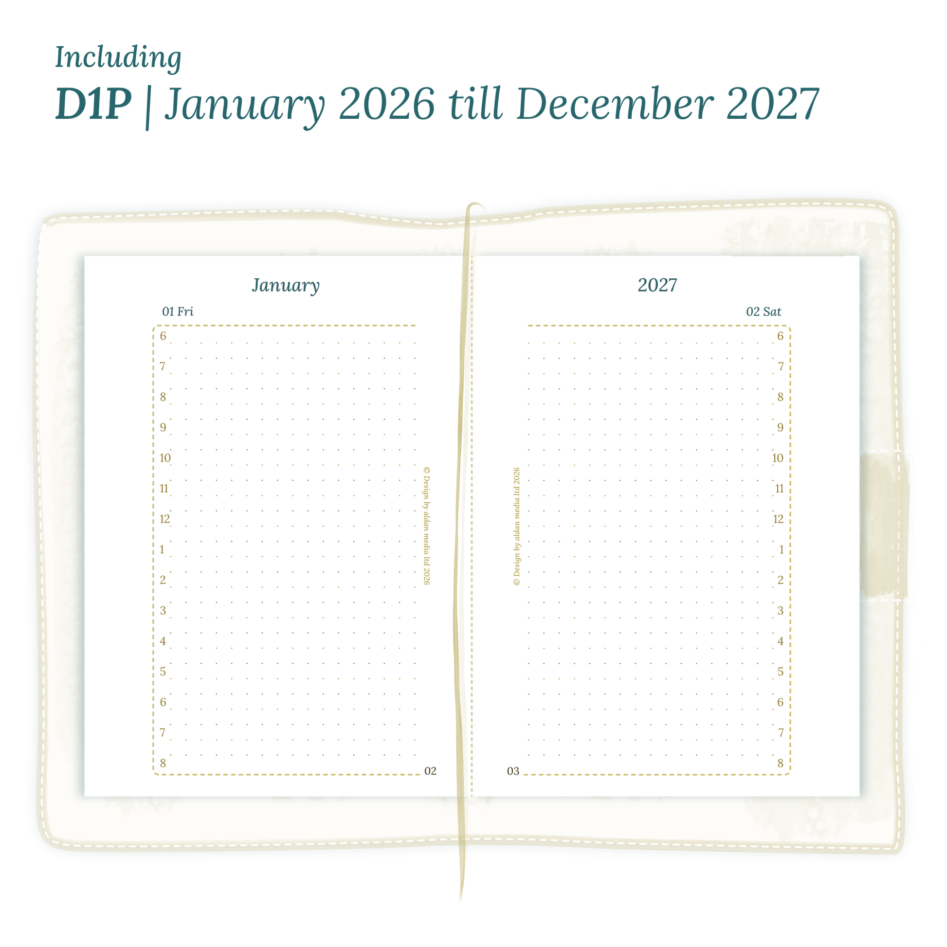 Open planner showing details of the printable PDF planner inserts module D1P day on 1 page for January 2026 till December 2027 for Passport Traveler's Notebook planner.