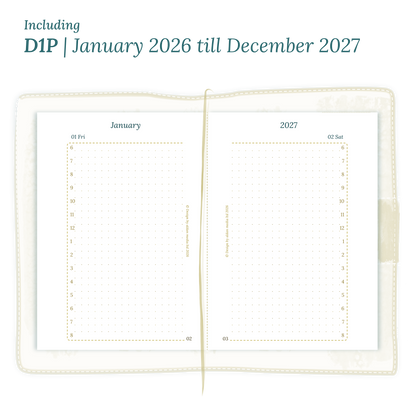 Open planner showing details of the printable PDF planner inserts module D1P day on 1 page for January 2026 till December 2027 for Passport Traveler's Notebook planner.