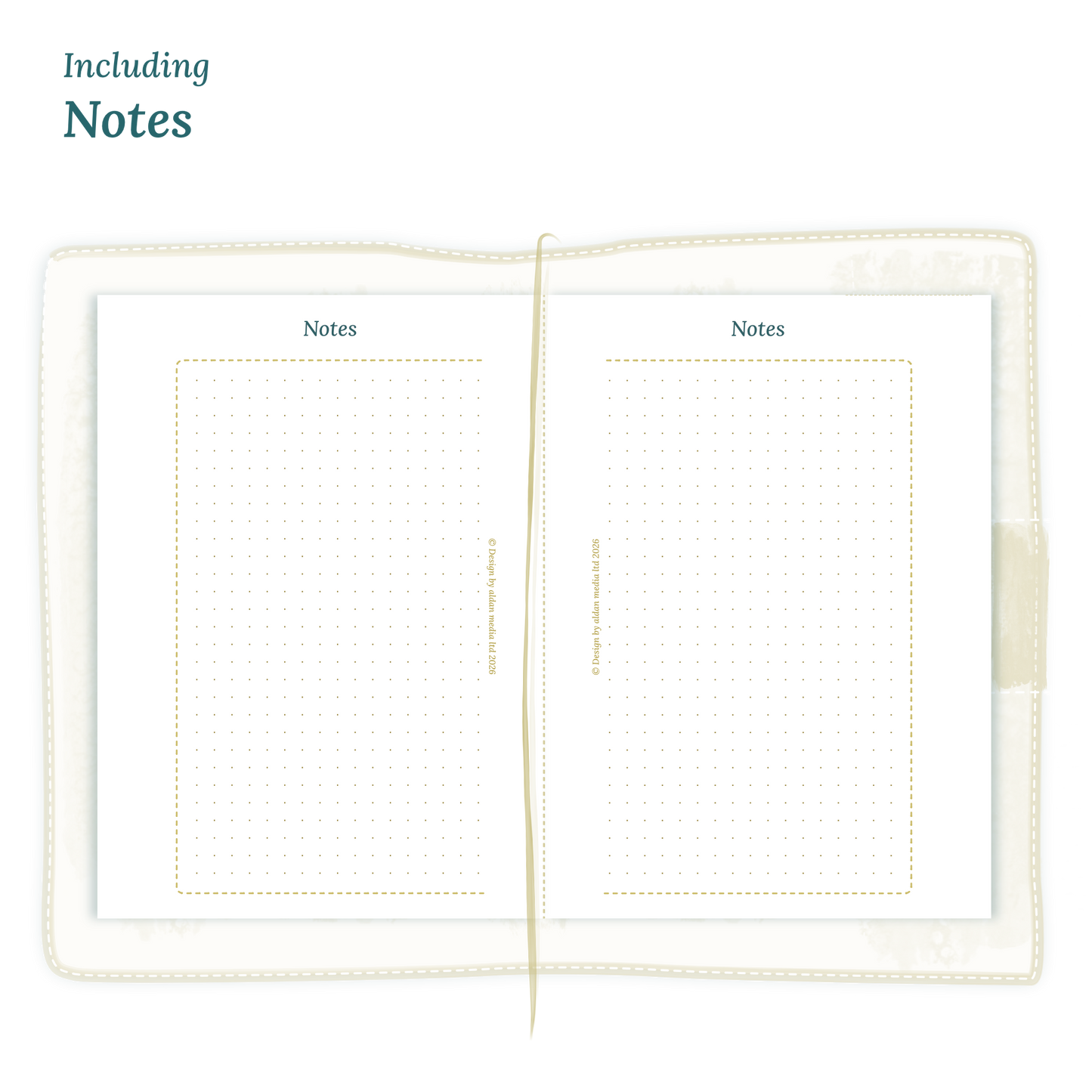 Open planner showing details of the printable PDF planner inserts module Notes for 2027 inside this product D1P day on 1 page for Passport Traveler's Notebook planner.