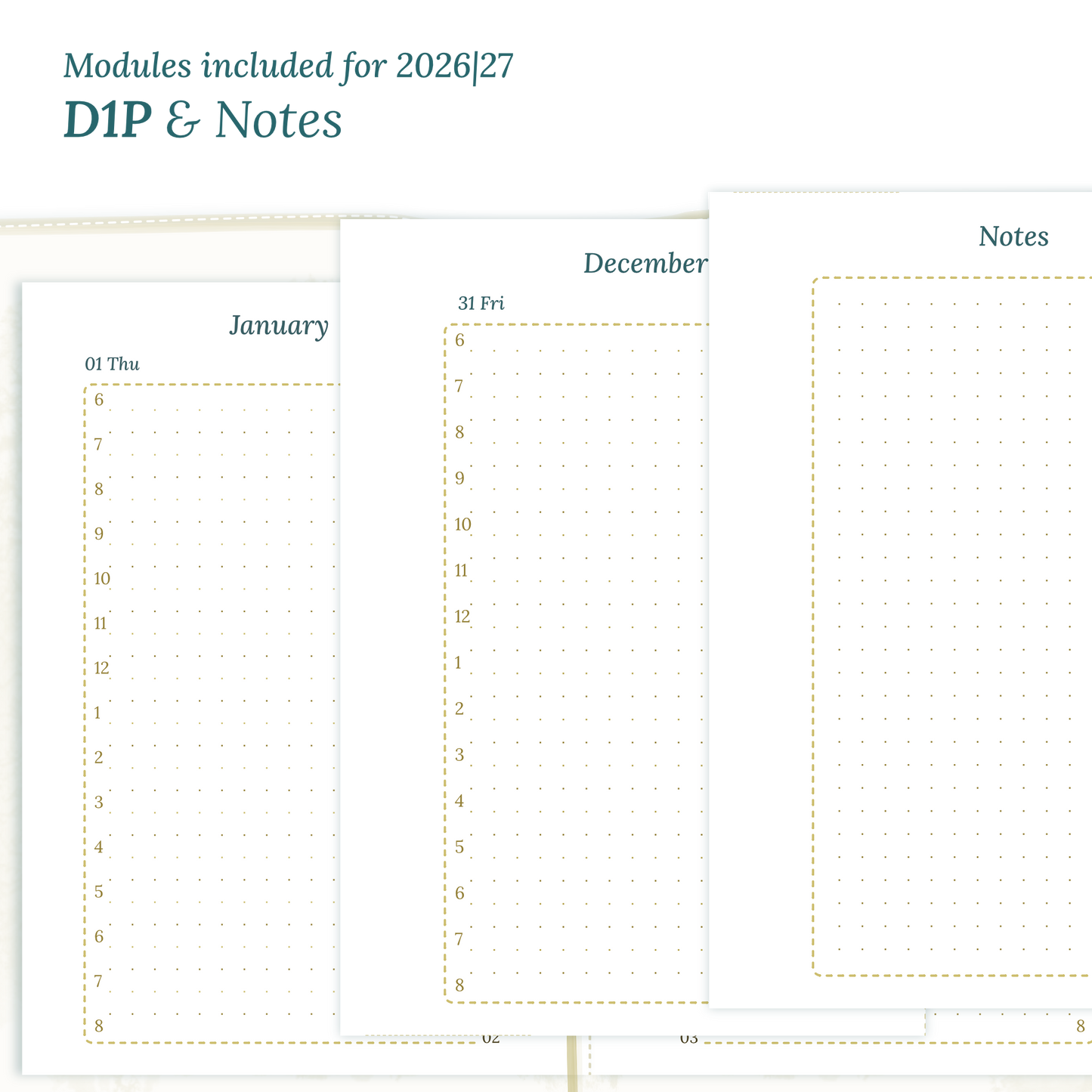 Printable PDF calendar inserts module for the years 2026 and 2027 featuring D1P day on 1 page and a Notes module.