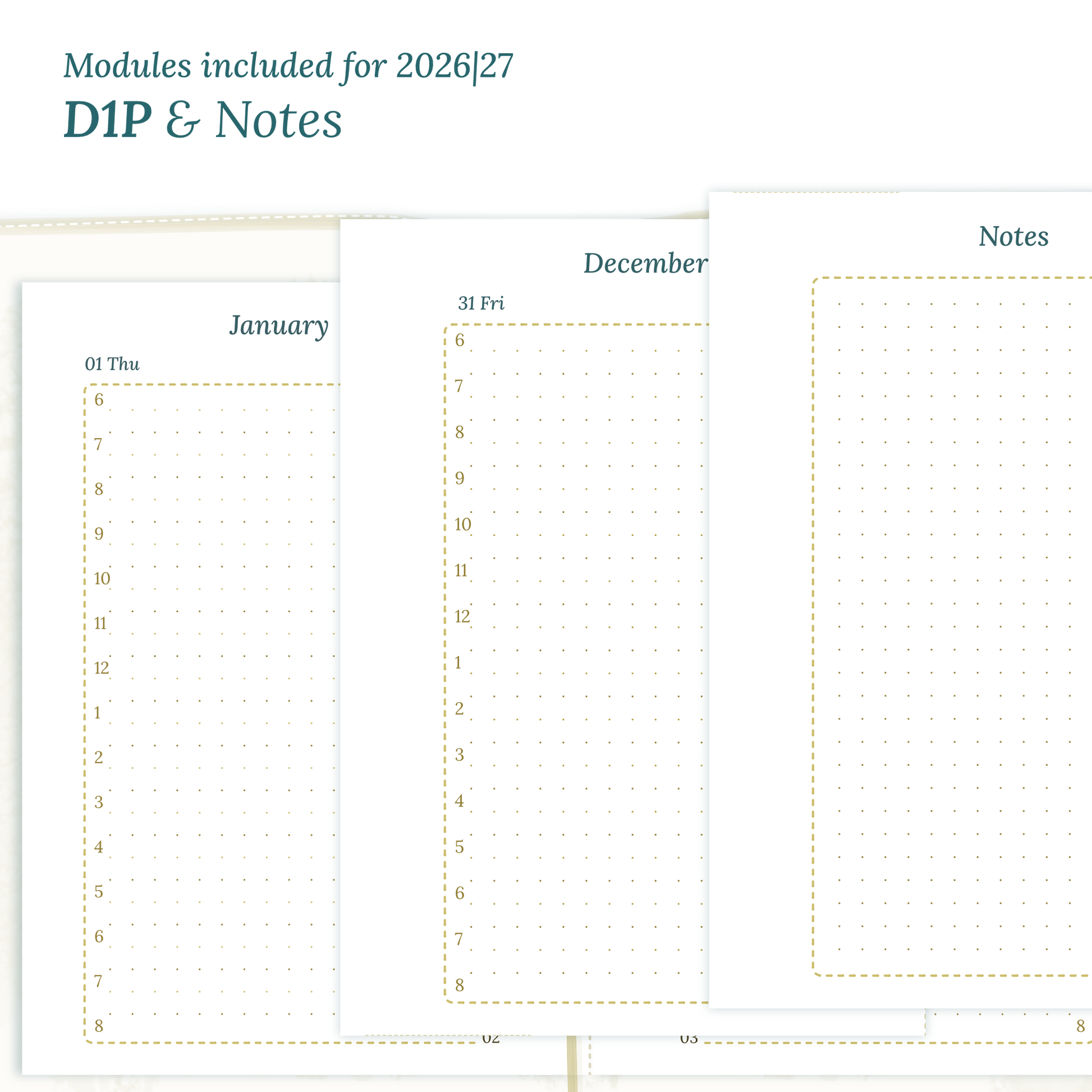 Printable PDF calendar inserts module for the years 2026 and 2027 featuring D1P day on 1 page and a Notes module.