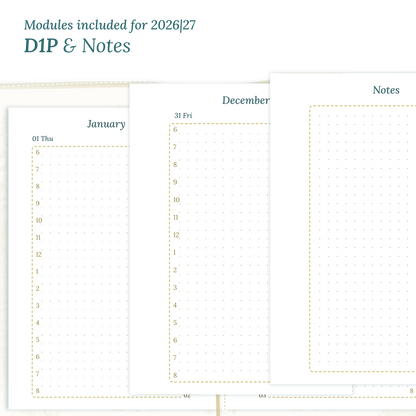 Printable PDF calendar inserts module for the years 2026 and 2027 featuring D1P day on 1 page and a Notes module.