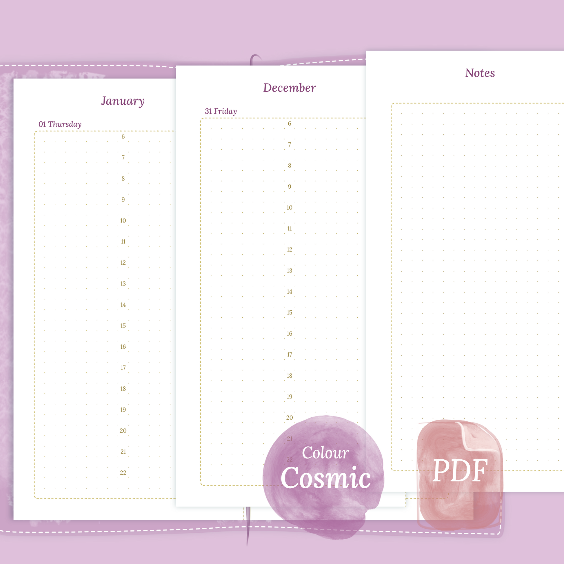 Examples featuring the PDF printable planner inserts module of D1P day on 1 page for 2026 and 2027 in the colour Cosmic/Raspberry for Standard size Traveler's Notebook planner.