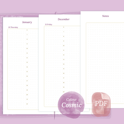 Examples featuring the PDF printable planner inserts module of D1P day on 1 page for 2026 and 2027 in the colour Cosmic/Raspberry for Standard size Traveler's Notebook planner.