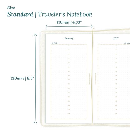Printable PDF calendar planner insert with dimensions labeled on a white background to show the size supported which is Standard size for Traveler's Notebook.