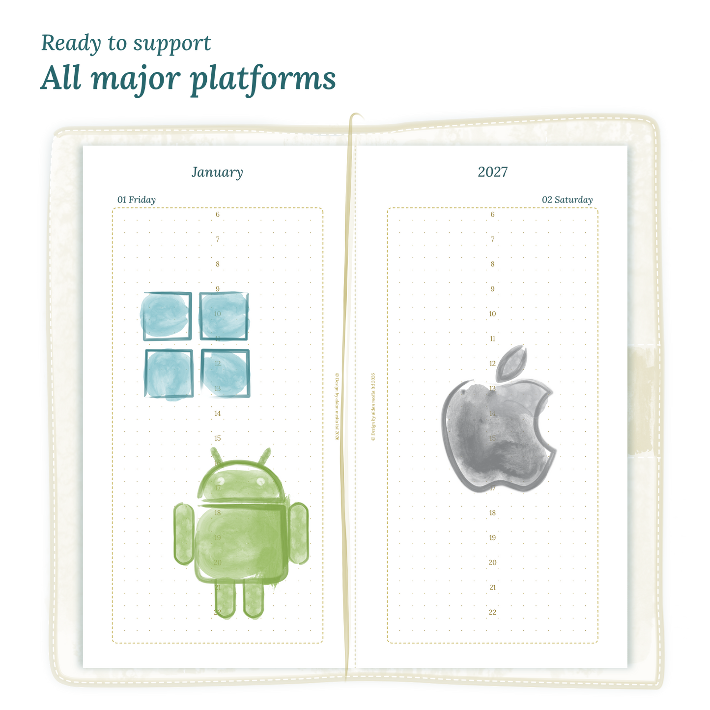 Open planner printable PDF calendar insert with Windows, Android and Apple logos on a white background to show what operating systems are supported by our printables for Standard size Traveler's Notebook planner.