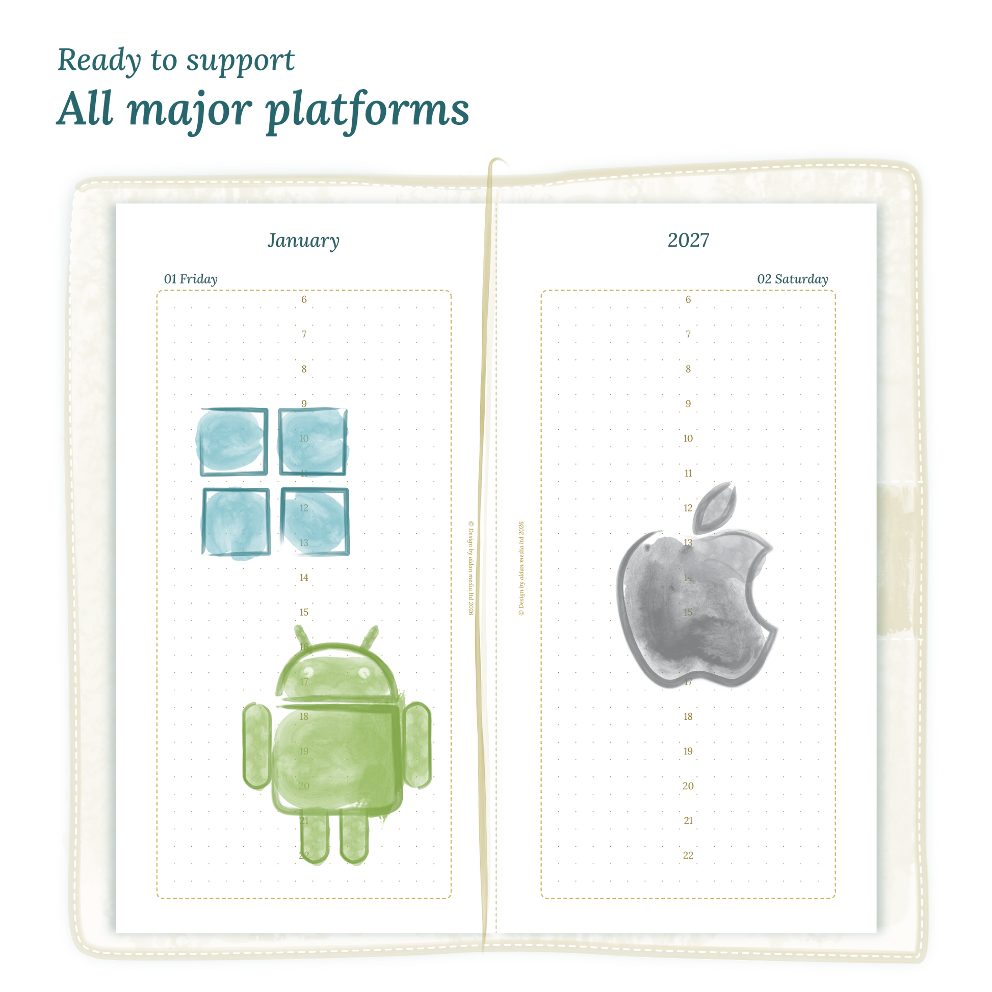 Open planner printable PDF calendar insert with Windows, Android and Apple logos on a white background to show what operating systems are supported by our printables for Standard size Traveler's Notebook planner.