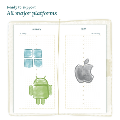 Open planner printable PDF calendar insert with Windows, Android and Apple logos on a white background to show what operating systems are supported by our printables for Standard size Traveler's Notebook planner.