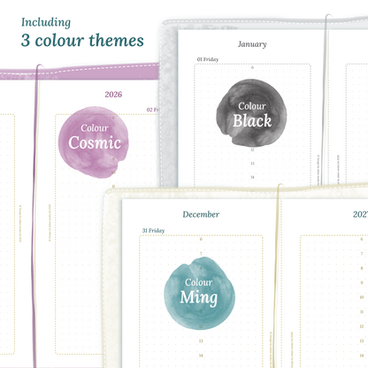 Three colour variants of the calendar designs of the PDF printable inserts with colour themes ‚Cosmic/Raspberry', 'Black', and ‚Ming/Blue' displayed to show how they look like on this module D1P day on 1 page for Standard size Traveler's Notebook planner.