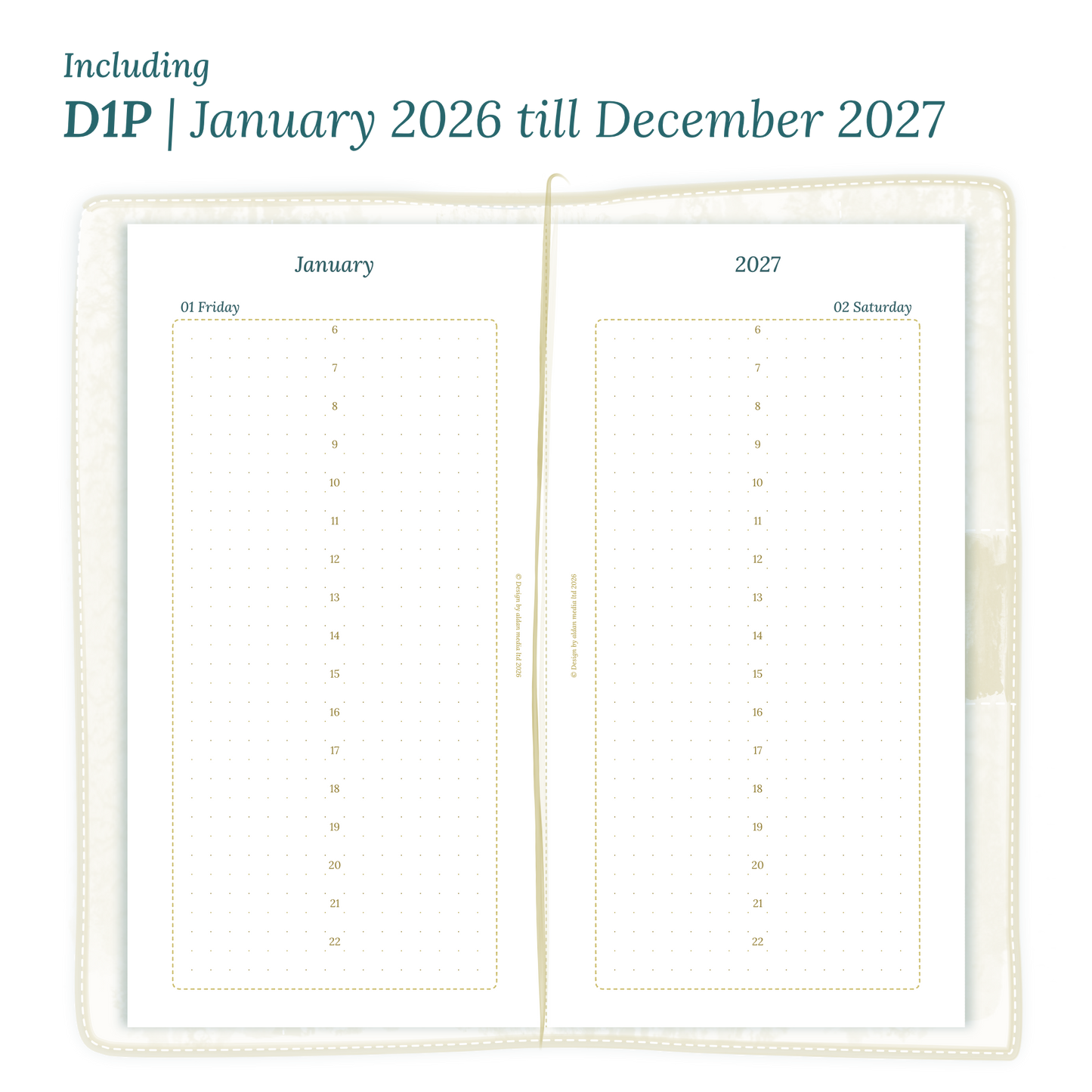 Open planner showing details of the printable PDF planner inserts module D1P day on 1 page for January 2026 till December 2027 for Standard Traveler's Notebook planner.