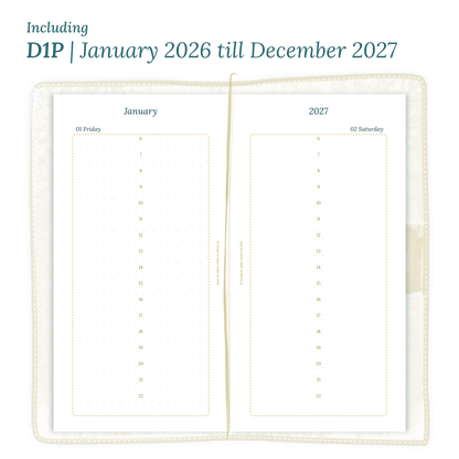 Open planner showing details of the printable PDF planner inserts module D1P day on 1 page for January 2026 till December 2027 for Standard Traveler's Notebook planner.