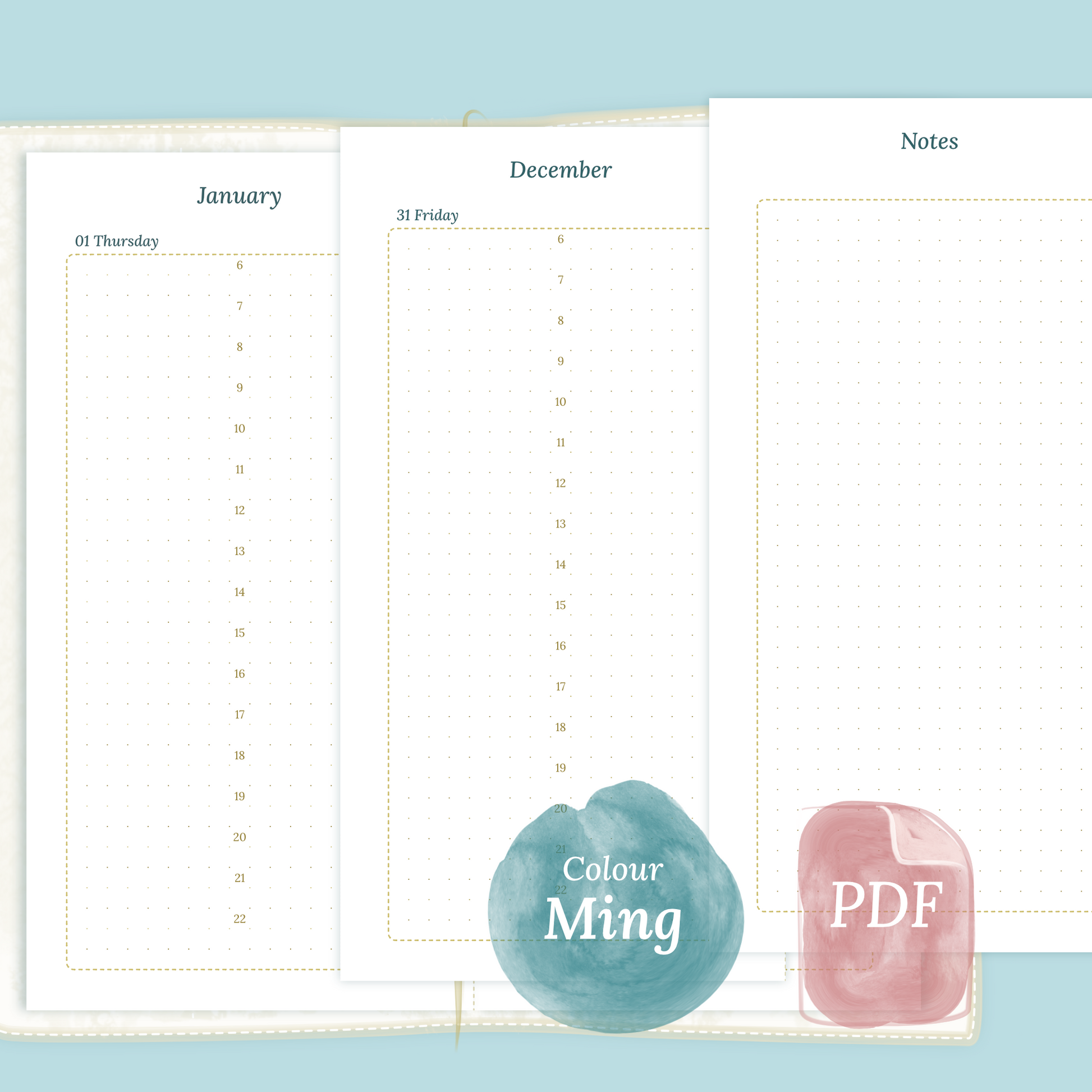 Examples featuring the PDF printable planner inserts module of D1P day on 1 page for 2026 and 2027 in the colour Ming/Blue for Standard size Traveler's Notebook planner.