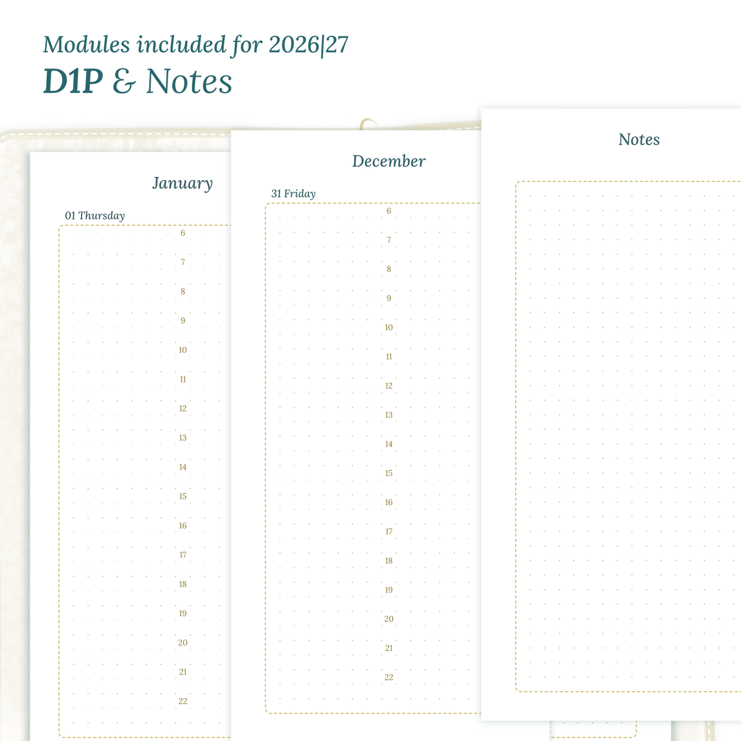 Printable PDF calendar inserts module for the years 2026 and 2027 featuring D1P day on 1 page and a Notes module.
