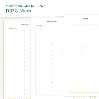 Printable PDF calendar inserts module for the years 2026 and 2027 featuring D1P day on 1 page and a Notes module.