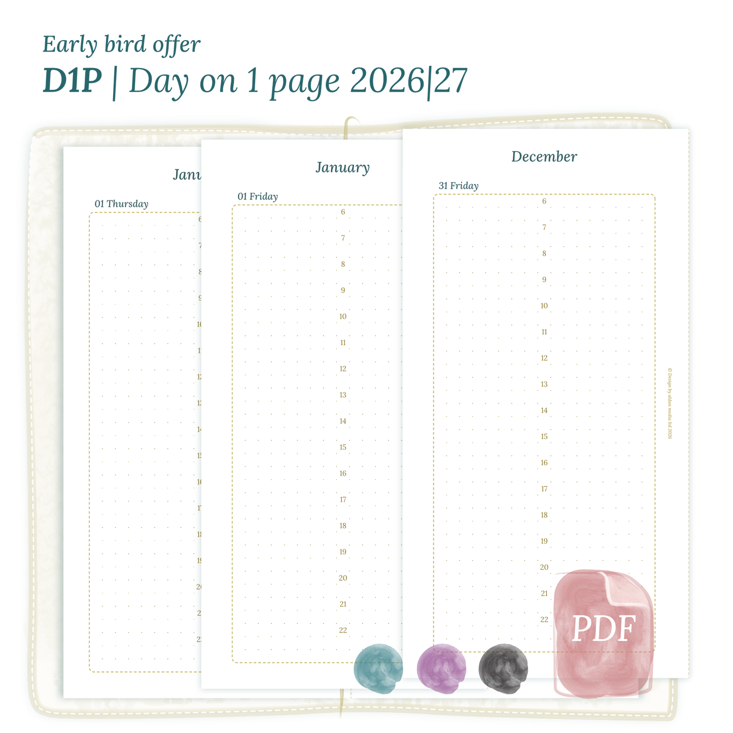 Printable PDF calendar insert D1P day on 1 page module for 2026 and 2027 for Standard size Traveler's Notebook planner.