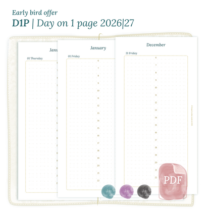 Printable PDF calendar insert D1P day on 1 page module for 2026 and 2027 for Standard size Traveler's Notebook planner.
